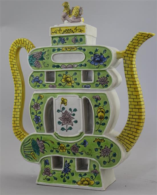 A Chinese enamelled biscuit porcelain shou character teapot, early 20th century, 23.5cm